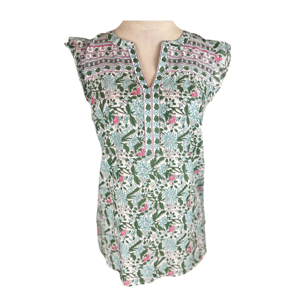 Talbots Women's Green Pink Floral Cotton Ruffle Sleeve Split Neck Blouse Size M